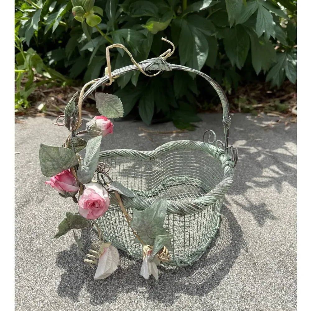 Vintage Heart Shaped Metal Wire Basket with Roses